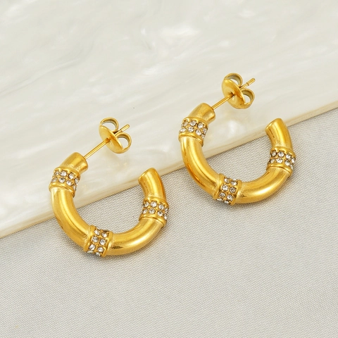 Roestvrijstalen Oorbellen 18K Verguld C-Vorm Hoops Strass Geometrisch Minimalistisch Mode Voor Vrouwen Cadeau