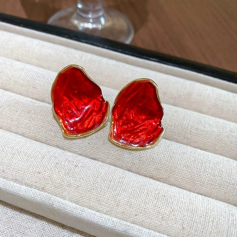 Rode Emaille Oorknopjes Met 925 Sterling Zilveren Oorknopje Onregelmatige Lavavorm Franse Retro Stijl Voor Dames
