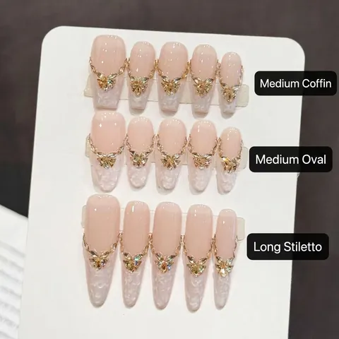 Handmade Press On Nails Long Stiletto Nude Pink Gradient Butterfly Rhinestone Fake Nails Acrylic Art
