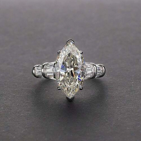 Marquise Zircon Copper Ring Baguette Cut Side Stones Elegant Wedding Engagement Jewelry Gift For Women Silver Color