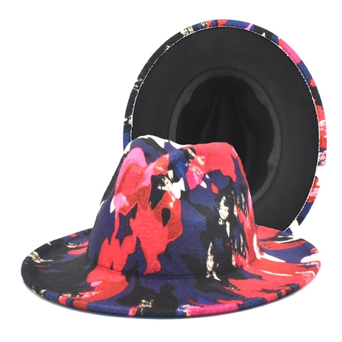 Fedora Hat Wide Brim Wool Felt Digital Print Graffiti Abstract Artistic Fashion Sunshade Sun Hat For Men Women