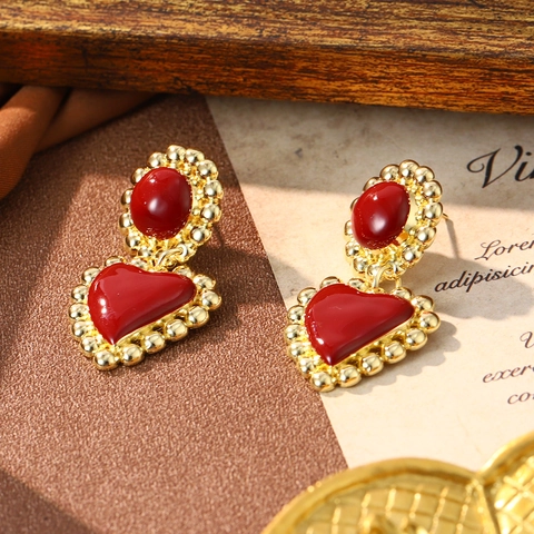Boucles D'oreilles Émail Vintage Cœur Fleur Géométrique Avec Tige En Argent Sterling 925 Style Français Rétro Femmes
