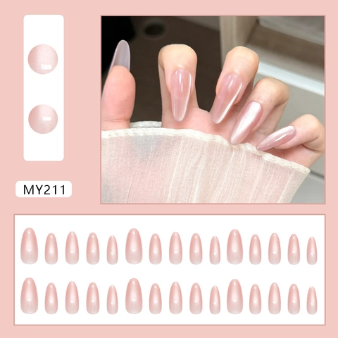 Cat Eye Aufklebbare Nägel Pfirsichrosa Mandelform Glänzend Lange Künstliche Nägel Für Frauen Elegante Maniküre ABS Kunststoff