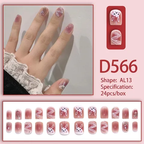 Cute Bunny Tulip Press On Nails Blush Pink Purple Gradient Artificial Pearl Rhinestone Short Round Square Fake Nails