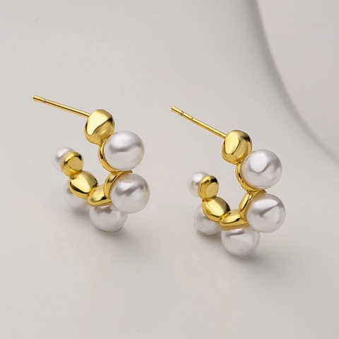 Pendientes De Aro En Forma De C Elegantes Para Mujer Cobre Bañado En Oro De 18K Imitación Perla Artificial Blanca Geométrico