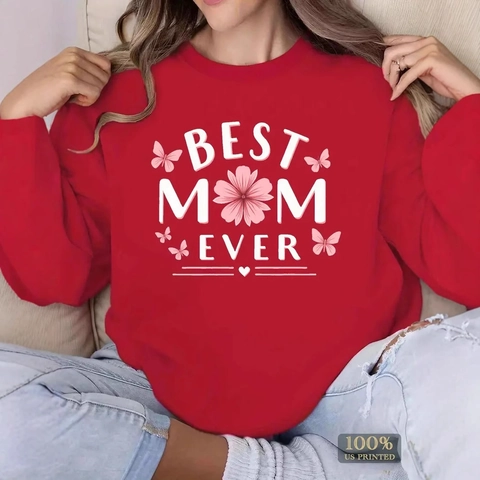 Best Mom Ever Graphic Print Hoodie Long Sleeve Polyester Casual Sweatshirt Women Mother Day Floral Butterfly Design