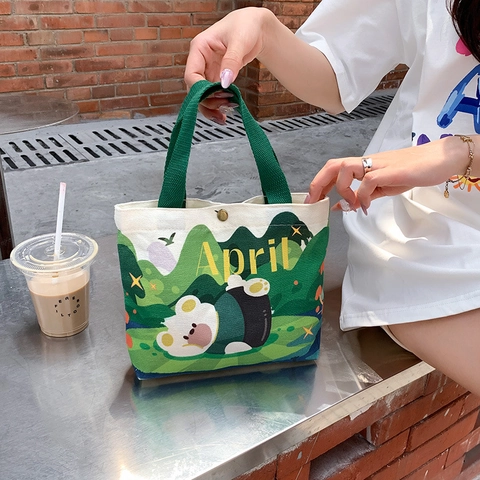 Canvas Handbag Small Tote Bag With Cartoon Animal Print Snap Button Portable Lunch Bag For Women And Girls Cute Style