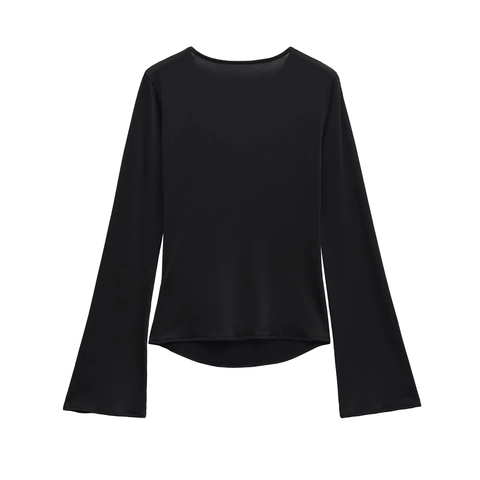 T-Shirt A Maniche Lunghe Arricciata Da Donna Girocollo Maniche A Campana Poliestere Vestibilità Aderente Top Streetwear Casual