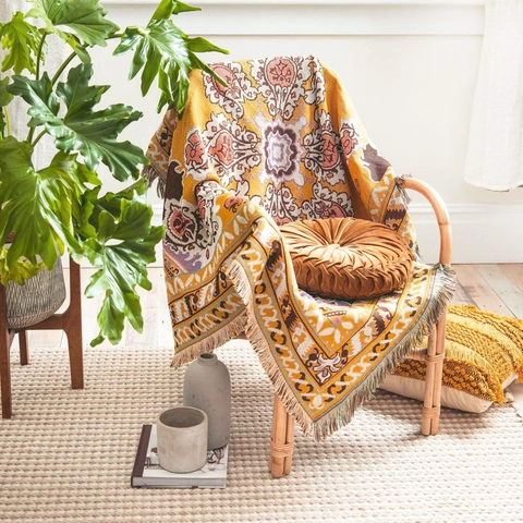 Bohemian Woven Throw Blanket Cotton Jacquard Tassels Sofa Cover Picnic Camping Decorative Ethnic Mystical
