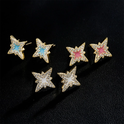Eight Pointed Star Stud Earrings Copper Gold Plated Cubic Zirconia Enamel Geometric Minimalist Jewelry For Women