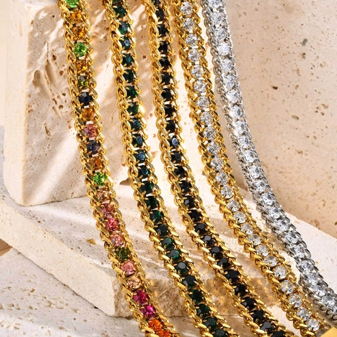 Bracciale In Acciaio Inossidabile Placcato Oro 18K Tripla Fila Zirconi Catena A Sfere Per Donna Regolabile