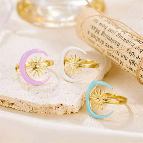 Star Moon Ring Stainless Steel Zircon Enamel Celestial Adjustable Open Band Retro Bohemian Fashion Jewelry For Women