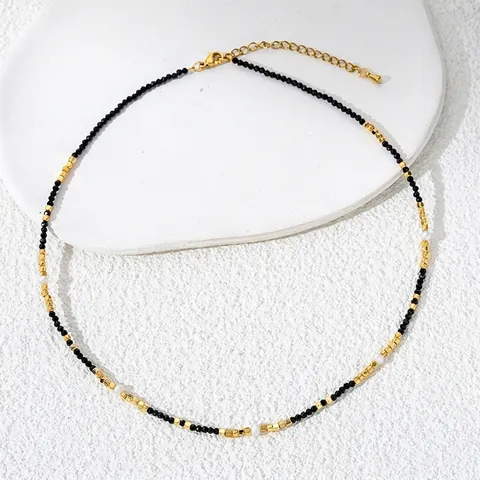 Collar de Cuentas de Piedra Natural Espinela Negra para Mujer de Acero Inoxidable Chapado en Oro Joyería con Perla Artificial