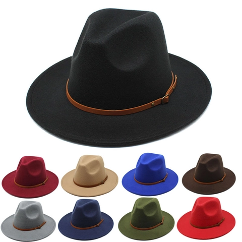 Vintage British Style Jazz Fedora Hat Polyester Felt Wide Flat Brim Brown Leather Belt Metal Buckle Retro Unisex
