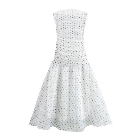 Polka Dot Bandeau Maxikleid Elegant Retro Gerafftes Mesh Trägerlos Ärmellos Hohe Taille Rüschensaum Slim Fit Für Damen