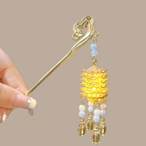 Luminous Hair Stick Ancient Chinese Style Pagoda Tassel Hairpin Alloy Faux Artificial Pearl Glow Headwear For Women Hanfu Accessory