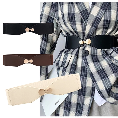 Women Elastic Corset Belt PU Leather Wide Waistband Gold Round Buckle Stretch Waist Cinch Accessory Fashion Elegant