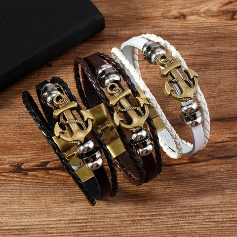 Pulsera De Cuero Trenzado Multicapa Vintage Para Hombre Con Dije De Ancla De Aleación Brazalete Náutico