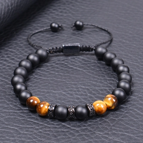 Handmade Natural Tiger Eye Matte Stone Bracelet With Copper Zircon Inlaid Adjustable Braided Rope Jewelry Gift For Father Son