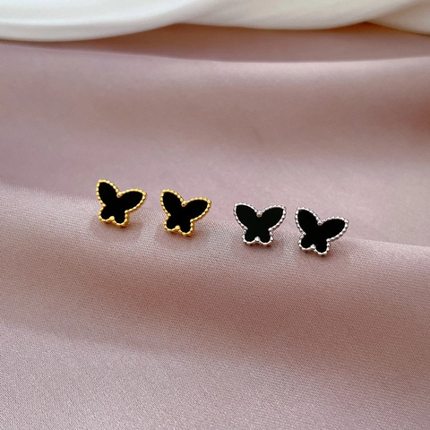 Pendientes Mariposa Acero Titanio Ágata Negra Minimalista Borde Cuentas Joyería Elegante Mujeres