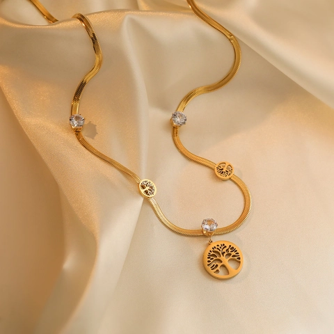 Collar Con Colgante Árbol De La Vida Acero De Titanio Chapado En Oro Cadena Serpiente Con Circonita Gema Verde Para Mujer