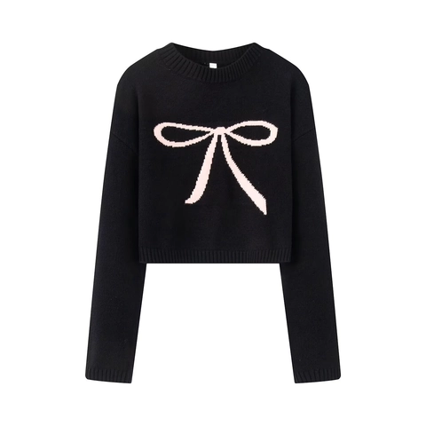 Pull En Tricot Court Pour Femmes Motif Noeud Col Rond Manches Longues Polyester Hauts Pullover