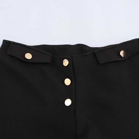 Pantaloncini Vita Bassa Donna Nero Poliestere Sexy Estate Hot Pants Con Decorazione Bottoni In Metallo Oro