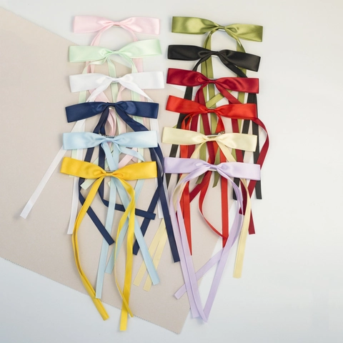 Pinza Para El Pelo Con Lazo De Satén Cinta Larga Doble Horquilla Elegante Dulce Accesorio Para El Cabello Para Mujeres Niñas Color Sólido