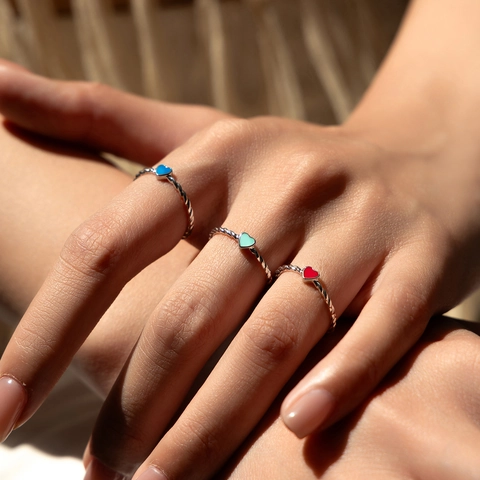 Anello a Cuore in Smalto Argento Sterling 925 per Donna Fascia a Corda Intrecciata Verde Menta Blu Rosso Gioielli Regalo