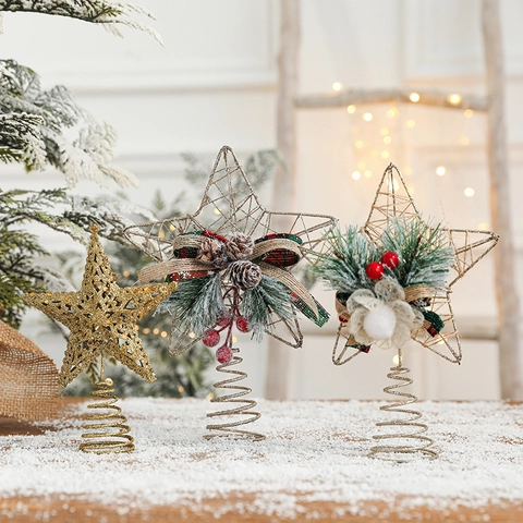 Puntale Per Albero Di Natale Stella Ferro Cavo Glitter Ornamento Stella A Cinque Punte Con Pigne Bacche E Fiocco