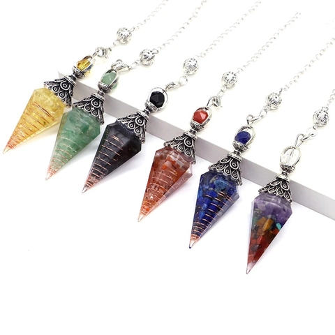Hexagonal Cone Orgonite Pendulum Necklace Resin Natural Crystal Stone Chip Copper Wire Healing Energy Vintage Jewelry
