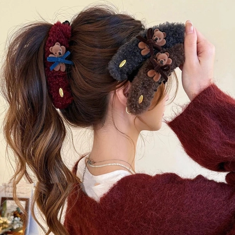 Pince À Cheveux Ours En Peluche Douce Pince Banane En Fausse Fourrure Avec Nœud En Ruban Accessoires Cheveux Hiver Femme