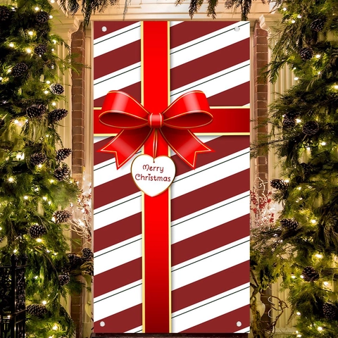 Kerst Deurbanner Rood Wit Gestreept Polyester Vlag Met Strik Merry Christmas Decoratie Voor Buiten Tuin Vakantie Huis