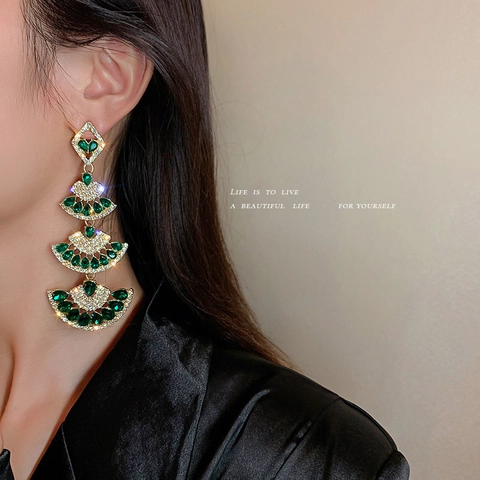 Orecchini A Nappa A Ventaglio Con Gemme Verde Smeraldo Lega Strass Con Perno In Argento Sterling 925 Vintage Lusso Donne