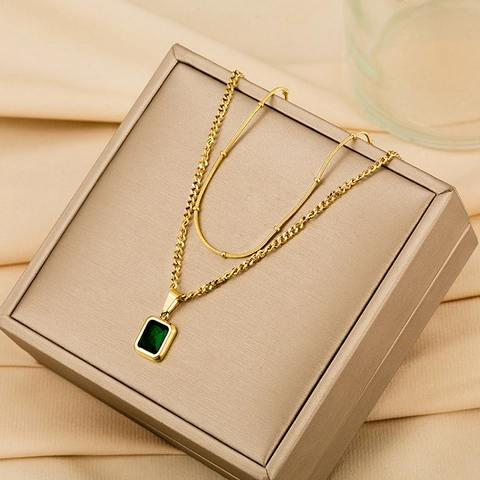 Elegante Collana a Doppio Strato in Acciaio Inossidabile Con Ciondolo in Zirconia Verde per Donna Gioielli Vintage Oro