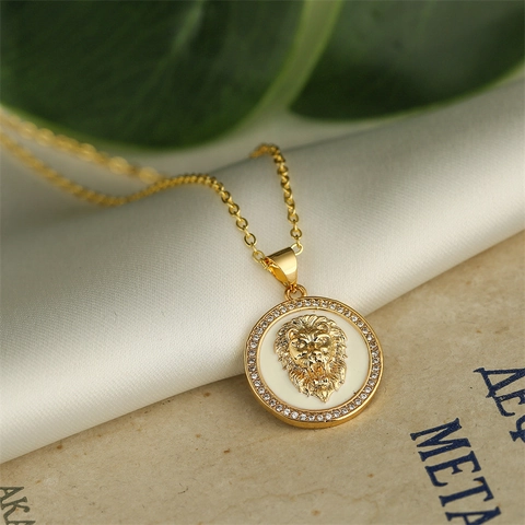 Lion Head Pendant Necklace Gold Plated Copper With Cubic Zirconia And Enamel Hip Hop Animal Jewelry For Men Women