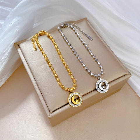 Bead Chain Bracelet Moon Star Pendant Stainless Steel Rhinestone Adjustable Elegant Fashion Jewelry Gift For Women
