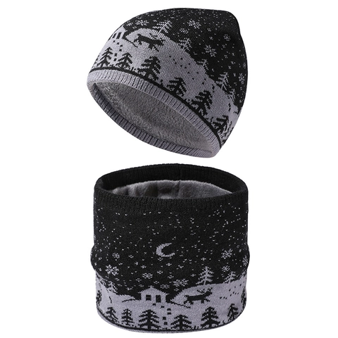Kids Winter Knit Beanie Hat And Neck Warmer With Reindeer Snowflake Pattern Christmas Jacquard Warm Fleece Lining Kids Outdoor Accessory