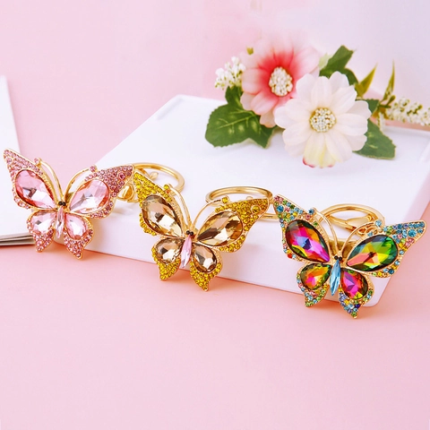 Luxury Alloy Butterfly Keychain With Rhinestone Crystal Embellishment Colorful Butterfly Bag Charm Gift For Women Jewelry Accessory