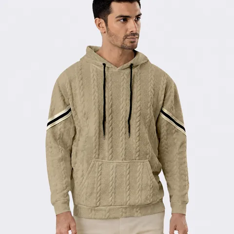 Men's Cable Knit Hoodie Jacquard Textured Sweatshirt Casual Long Sleeve Striped Arm Drawstring Kangaroo Pocket Fashion