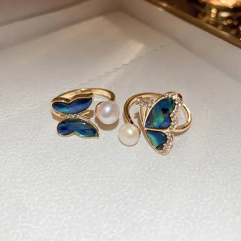 Butterfly Artificial Pearl Open Ring Zircon Copper Abalone Shell Inlaid Adjustable Finger Jewelry For Women Elegant Party Accessory