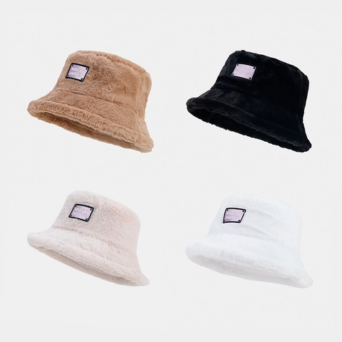 Cappello Da Pescatore Pelliccia Sintetica Caldo Inverno Peluche Retro Patch Lettera Morbido Soffice Per Donna Colore Solido