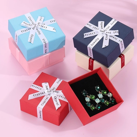Square Jewelry Gift Box Cardboard Packaging Case With Ribbon Bow And Sponge Liner For Ring Necklace Earring Storage