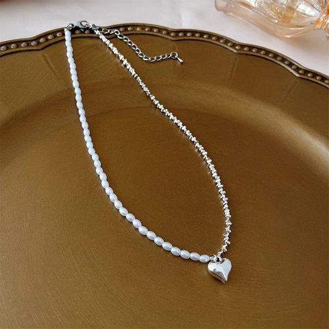 Collier En Alliage Style Argent Vieilli Avec Pendentif Coeur En Künstliche Perle Simulée Bijoux De Niche Français Pour Femmes