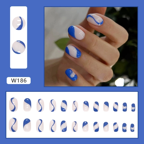 Blue White Wave Pattern Press On Nails ABS Plastic 3D Water Drop Short Round Shape Artificial Finger Nails