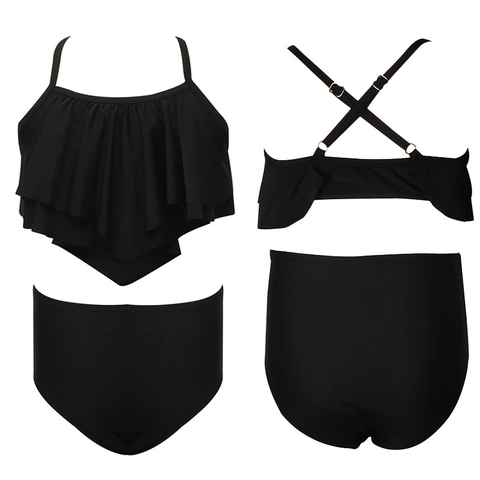 Girls Swimsuit Ruffle Top High Waist Ruched Bottom Solid Color Nylon Bikini Bathing Suit