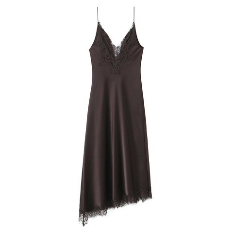 Women Slinky Satin Lace Trim Midi Dress V Neck Asymmetric Hem Spaghetti Strap Backless Slip Dress Solid Color Coffee