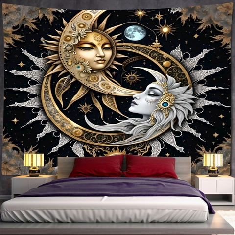 Sun Moon Celestial Wall Tapestry Bohemian Mandala Om Symbol Polyester Fabric Hanging For Bedroom Living Room Dorm Decor