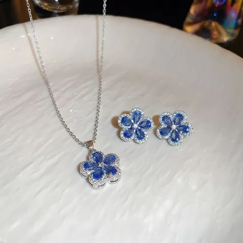 Blauwe Bloem Ketting En Oorbellen Zirkoon Koper 925 Sterling Zilveren Oorknopje Vrouwen Elegant Zoet Sieraden