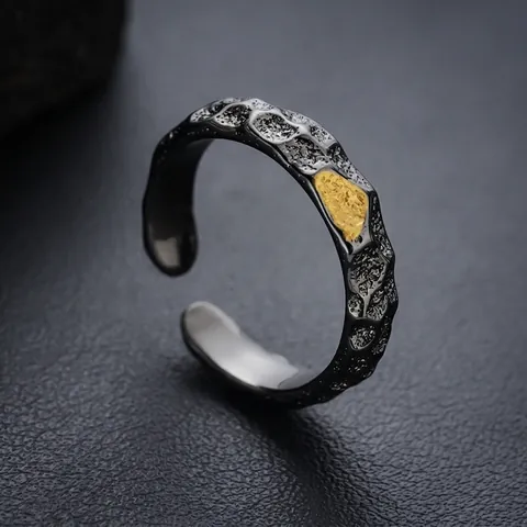 Open Adjustable Ring Retro Industrial Black Alloy Hammered Lava Texture With Gold Inlay Jewelry For Men Women